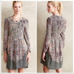 Anthropologie maeve tiled amethyst smocked long sleeve dress Size Large